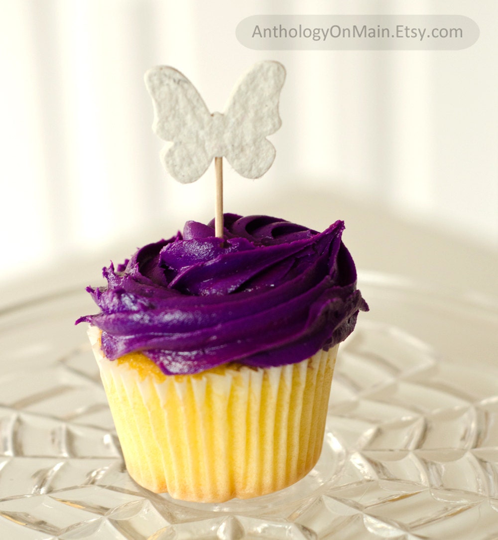 Set of 12 Heart or Butterfly Cupcake Toppers made from Handmade Paper - Eco Friendly and Shabby Chic Birthday Party Decoration