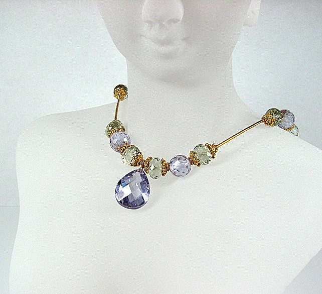 Green amethyst necklace Lavender crystal CZ pendant  24k gold vermeil beaded necklace Gemstone beaded jewelry Mothers Day Bridal jewelry