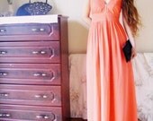 70s - orange evening dress with rhinestones / orange prom dress / Grecian goddess / empire waist maxi / coral orange dress / 1940s style (S)