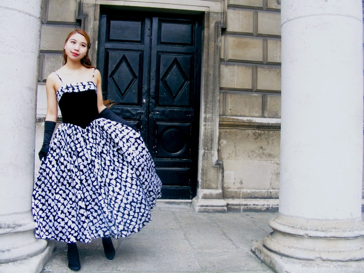 50s style vintage dress - black and white dress/ black and white prom dress/ long tea length/ formal dress/ Evenings by Ceremonia (S/M)