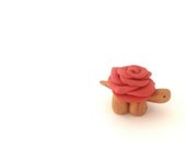 Handmade Polymer Clay Sculpture Turtle Blossom RED & GOLD Polymer Clay