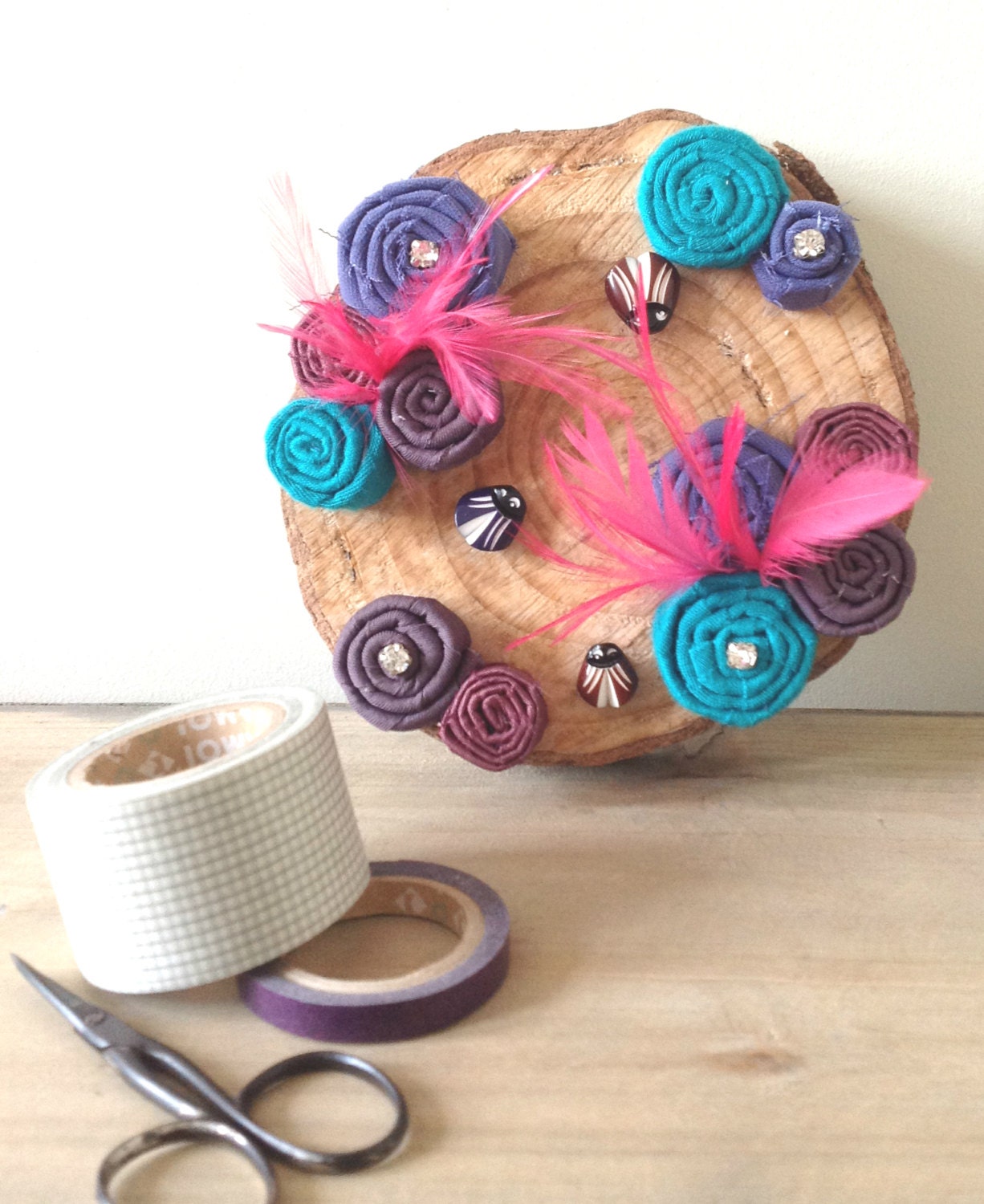 Wall Art - Fabric flowers, Reclaimed wood, Spring themed in purple, blue and pink OOAK