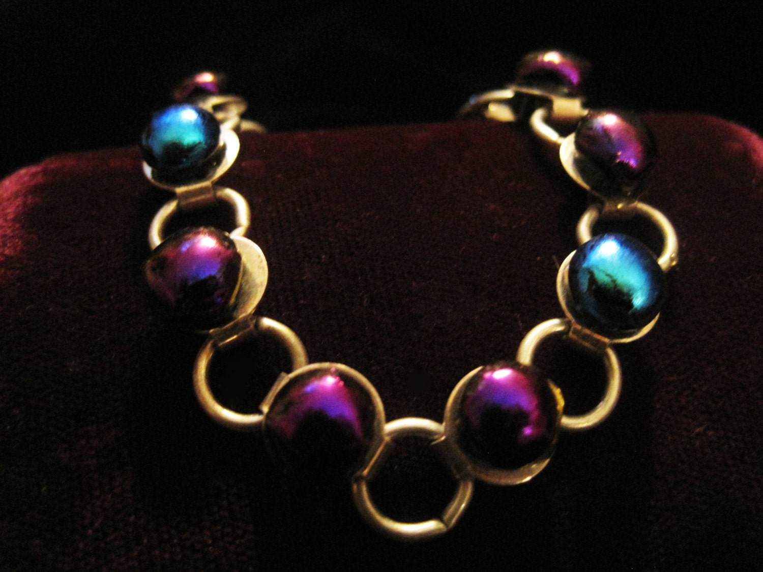Iridescent Button Bracelet 925 Sterling Silver Link Vintage Purple Blue Buttons Shiny Round