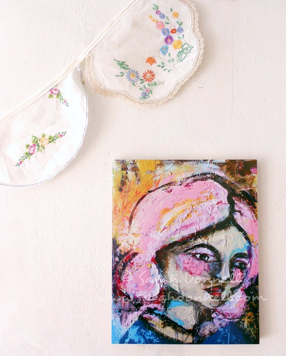 8 x 10 Woodblock Print Artwork Mixed Media Girl Painting Mixed Media Collage Wall Art Bright Pink Hair Glicee Modern Retro Art - Shy
