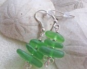 Stacked Green Sea Glass Earrings with Sterling Silver. Clover Head Pins. St. Patty's Day.