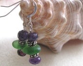 Amethyst and Green Sea Glass Dangle Earrings.