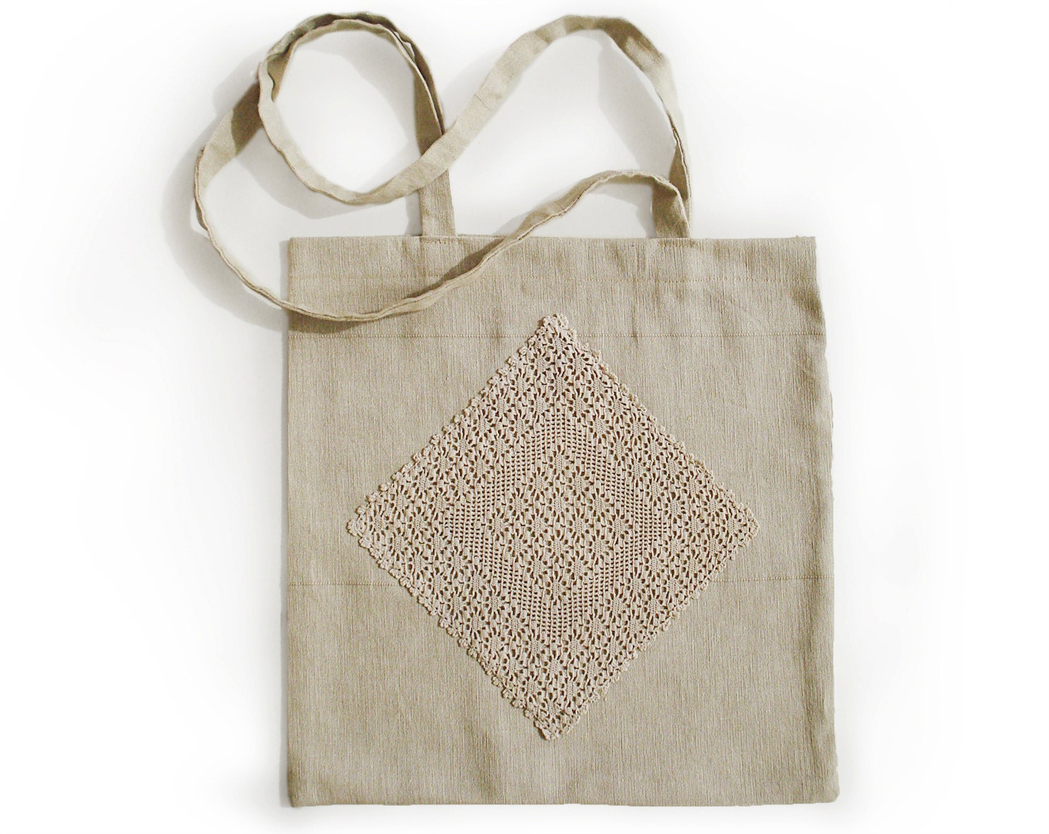 Cotton Tote Bag, 100% Handmade, Vintage Lace, Inner Eyelet