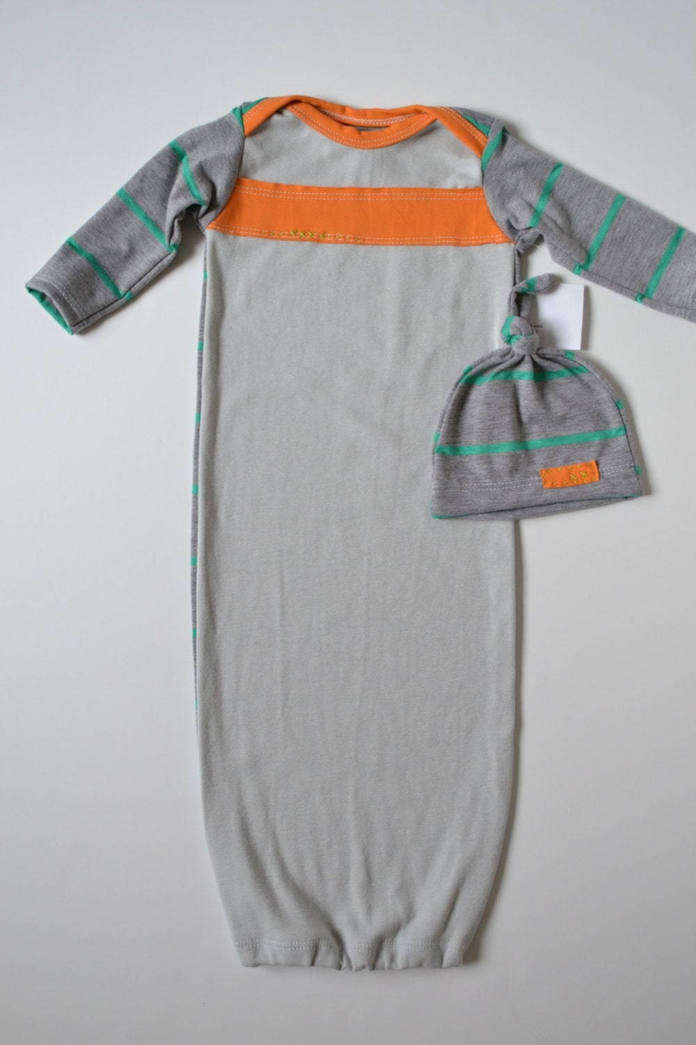 Newborn baby clothes. Sleep sack with matching hat. Gray, orange, and spring green. Limited edition style. (Made by lippybrand)