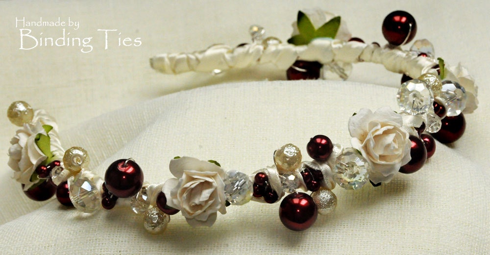 Vintage inspired hair band alice band in burgundy and ivory with mulberry flowers, glass pearls and crystals