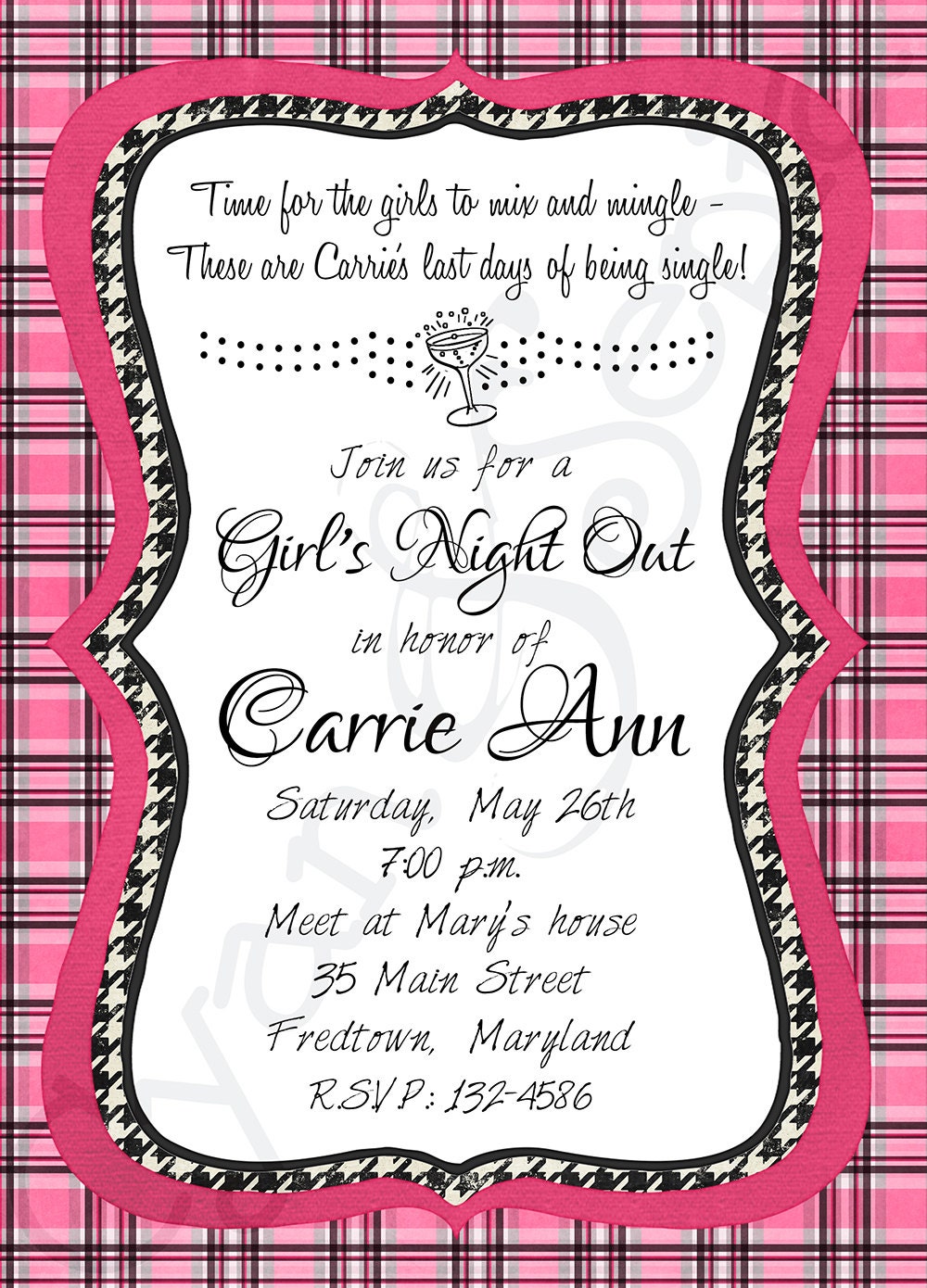 Printable Girls Night Out Bachelorette Birthday Invitation - 5x7 - Pink Plaid and Houndstooth - Magenta Pink Black White - Fashion Modern