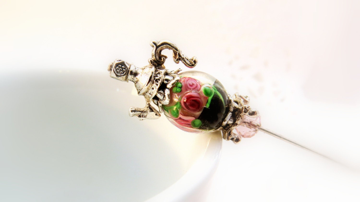 Womens accessory vintage style jewelry pink black Easter Mothers Day rosebud lamp glass miniature teapot Victorian hat scarf pin TAGT