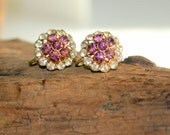 1940s Vintage Clear and Purple Rhinestones Screw Back Earrings  30% OFF Price Adjusted Summer Sale