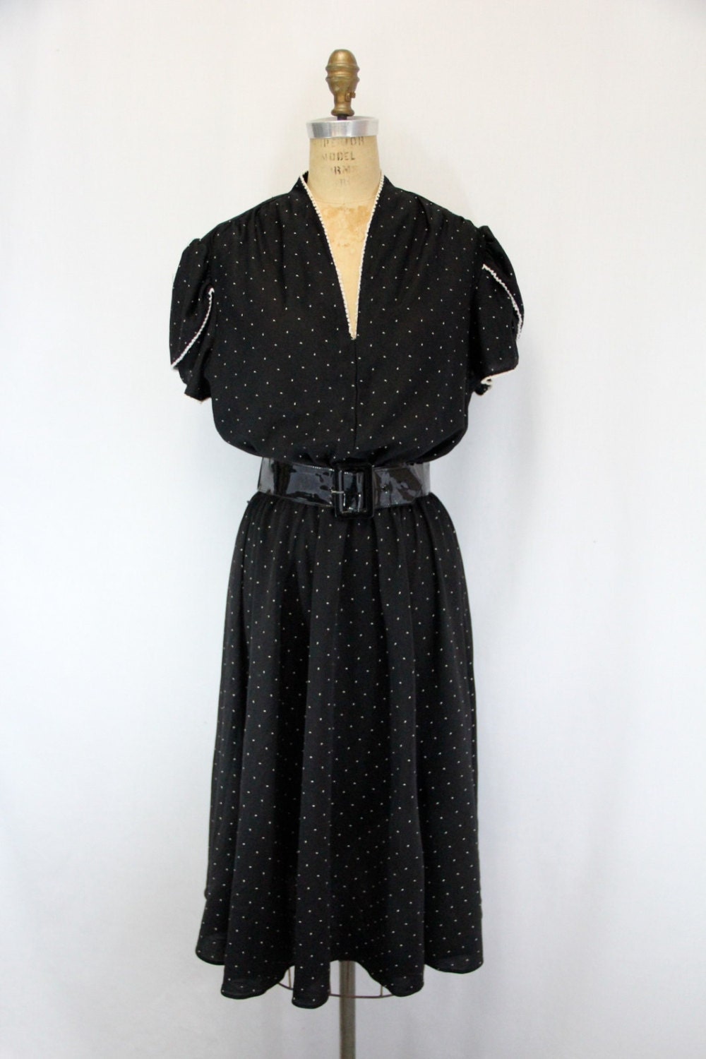 XXL Vintage Dress Black w Tiny White Polka Dots