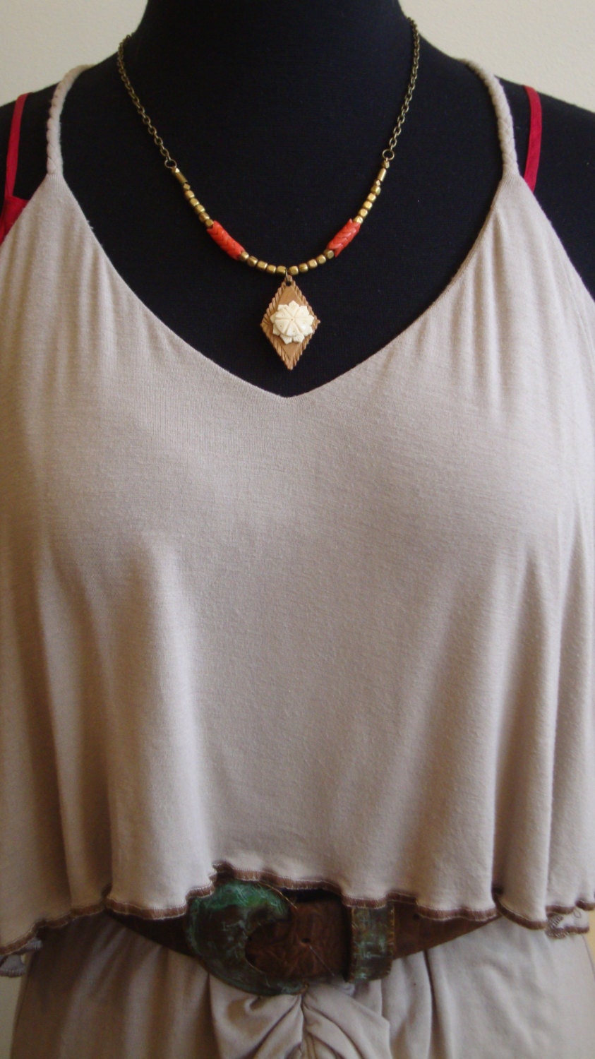 Bohemian Statement Necklace - Vintage Wood and Bone Indian Pendant paired with Red Czech Glass and Brass "Strange Brew"