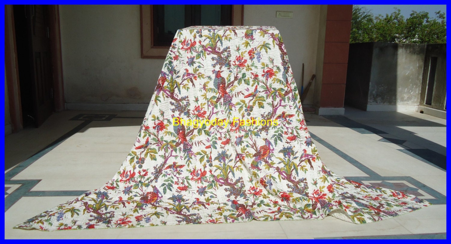 Floral birds quilt, Vintage Tropical Kantha quilt cover fully handmade100% Organic cotton king Bed Cover or Blanket