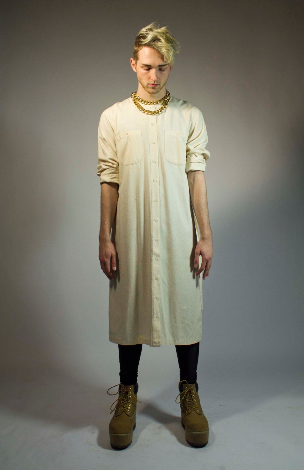 cream long silk button-up shirt / cloak housecoat robe / OCCULT