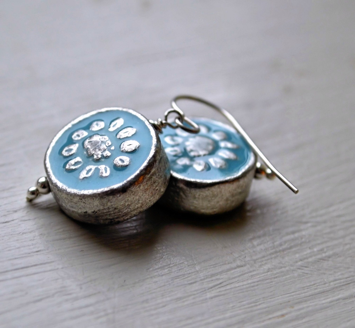Sky Blue Enamel Earrings Sterling Silver French Wires Sterling Silver Beads 925 Silver Sunflower Enamel Bezel
