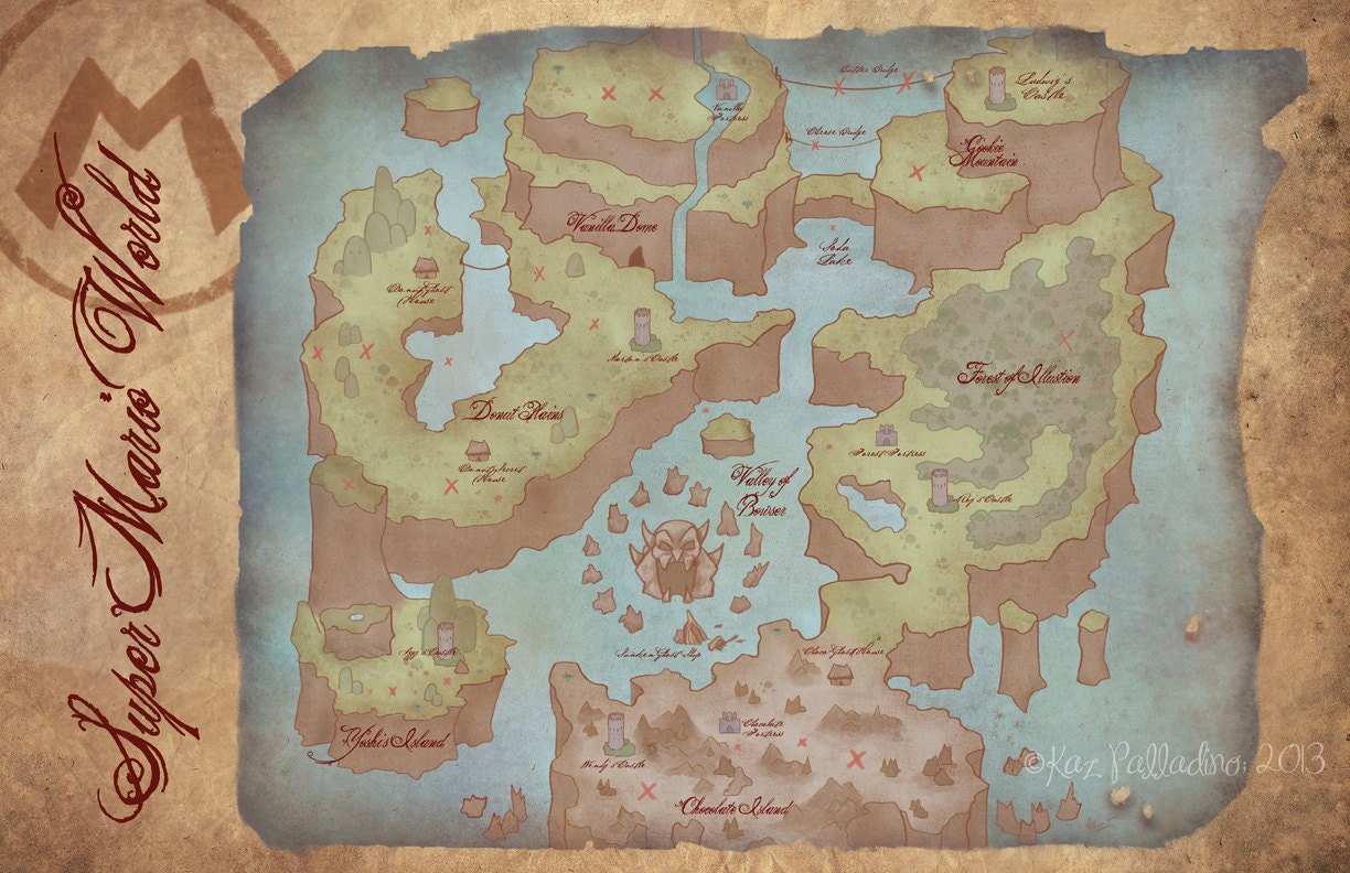 Super Mario World Map- Antique Style Videogame Map- 11x17in Art Print