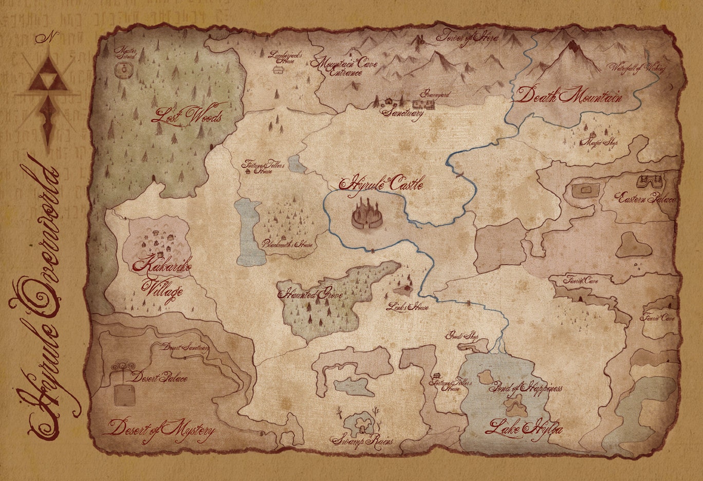 Map of Hyrule Overworld- Legend of Zelda- 13x19 inch Giclee Poster- Antique Style Video Game Map