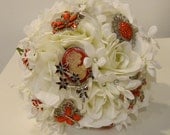 Brooch Bouquet, red, white, Rose, Stephanotis, jeweled bouquet,  vintage style, cream white, alternative bouquet, rhinestone, bridal bouquet