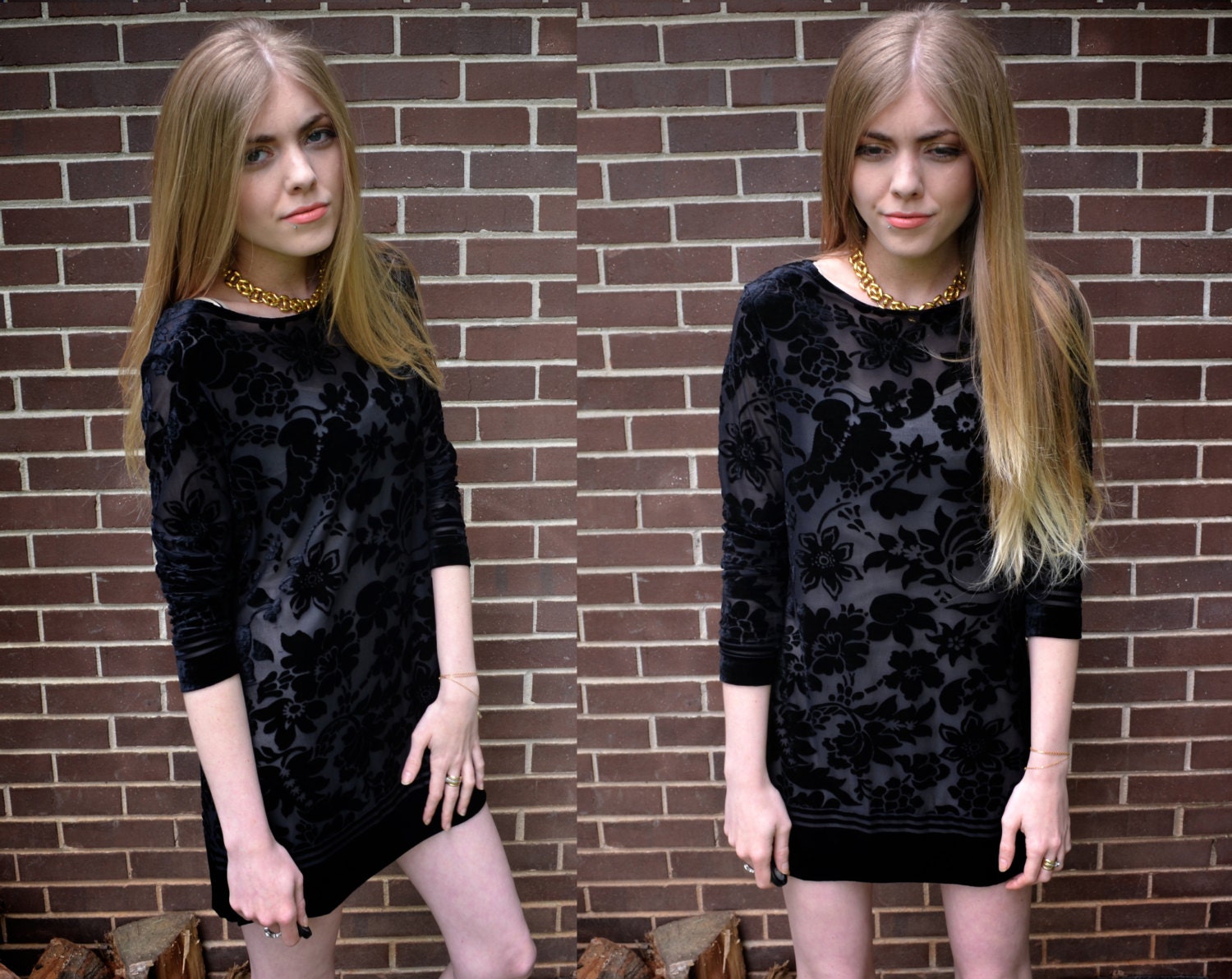 Vintage Black Velvet Floral See Through Mini Dress