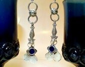 Blue heart long Kuchi drop earrings. Tribal fusion belly dance earrings, OOAK ethnic jewelry.