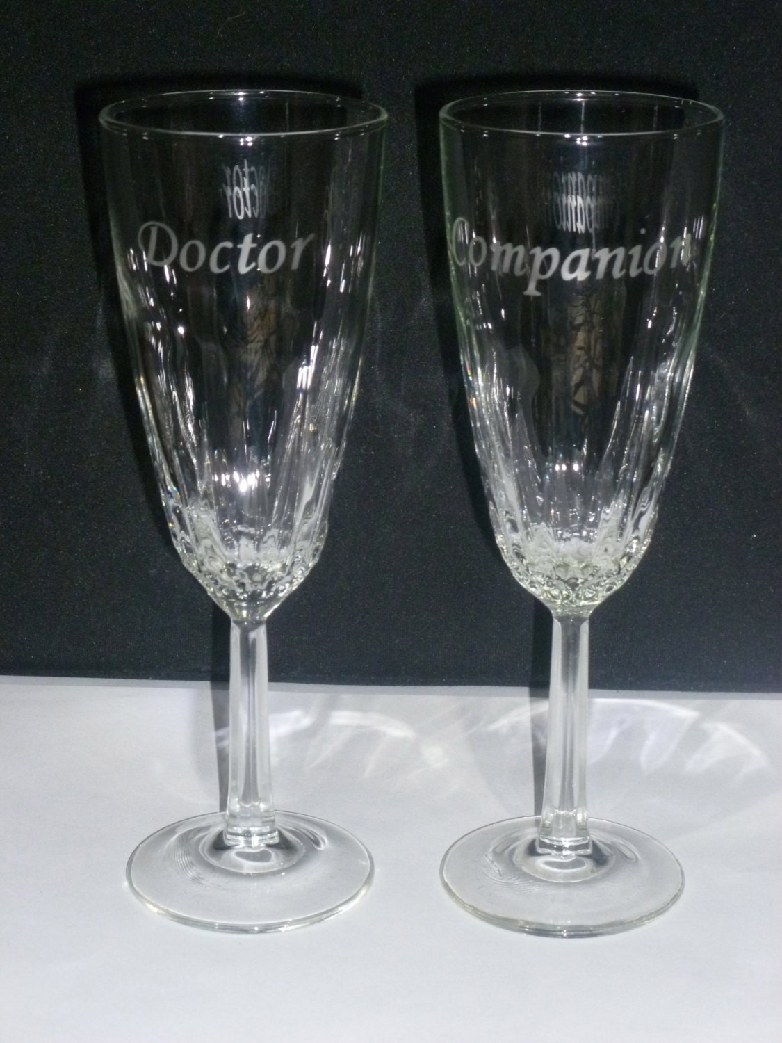 Doctor and Companion Etched Glass Champagne Flutes
