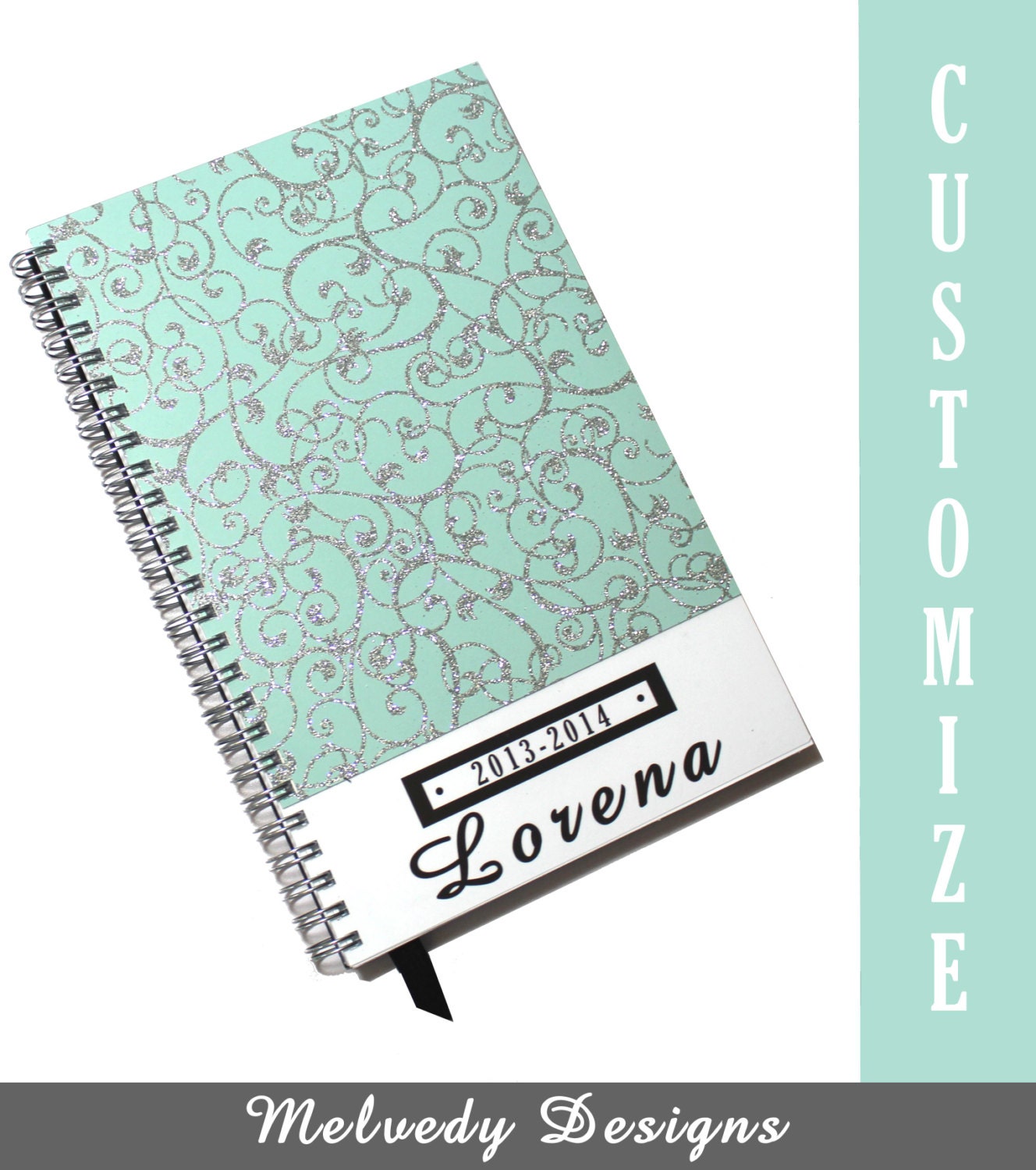 Mint Tiffany Blue 2013 2014 Day Planner Personalized Spiral Bound Weekly Monthly Agenda Notebook