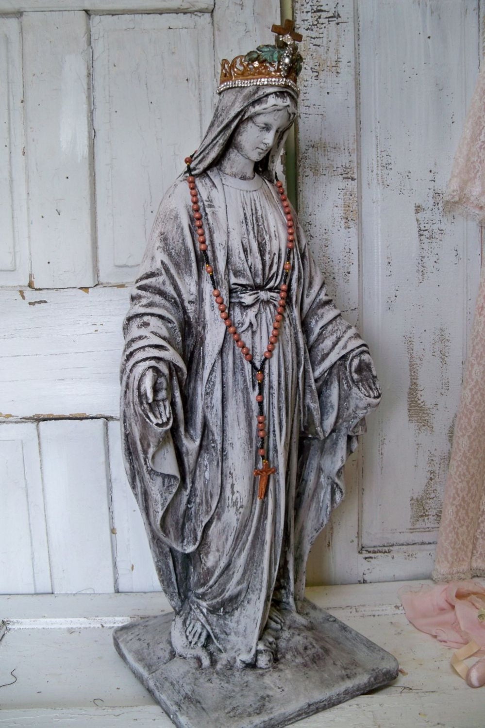 Large figure Virgin Mary statue ooak with handmade crown distressed faux finished Madonna French Santos inspired home decor Anita Spero