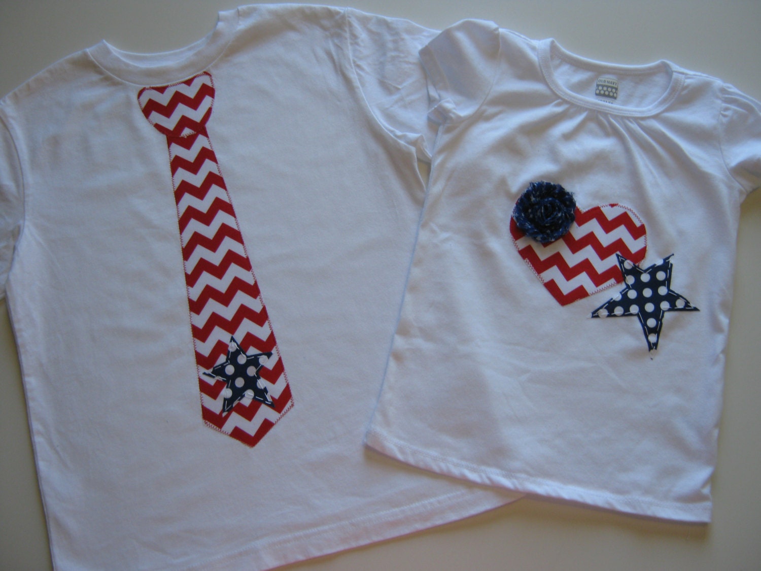 Brother Sister Appliquéd Patriotic T-Shirts or Onesies Chevron Tie with Star Heart Hand Stitch Details Heart Red White Blue Navy