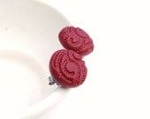 burgundy red button stud earrings polymer clay surgical steel posts patterned fimo button earrings for sensitive ears