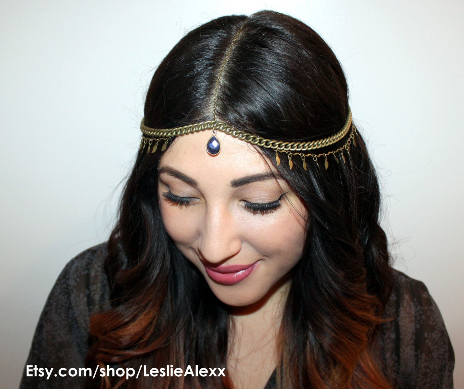 Leanna. Sapphire . Bronze leaf chain headpiece