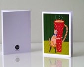 Cat greeting card Funny kitty art Big coffee tea cup / Green and red / Animal painting / Cat illustration / Gift idea under 5 usd
