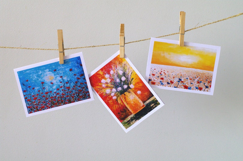 Floral greeting card set of 3 Romantic Flowers Thank you Happy Birthday cards Set of notecards