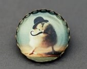 Photo Brooch of A Chick In A Black Bowler Hat and Mustache Antique Bronze Pin