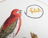 Hand Embroidered Vintage Fabric Bird Art - Bitch Bird - Red House Finch Handmade Home Decor