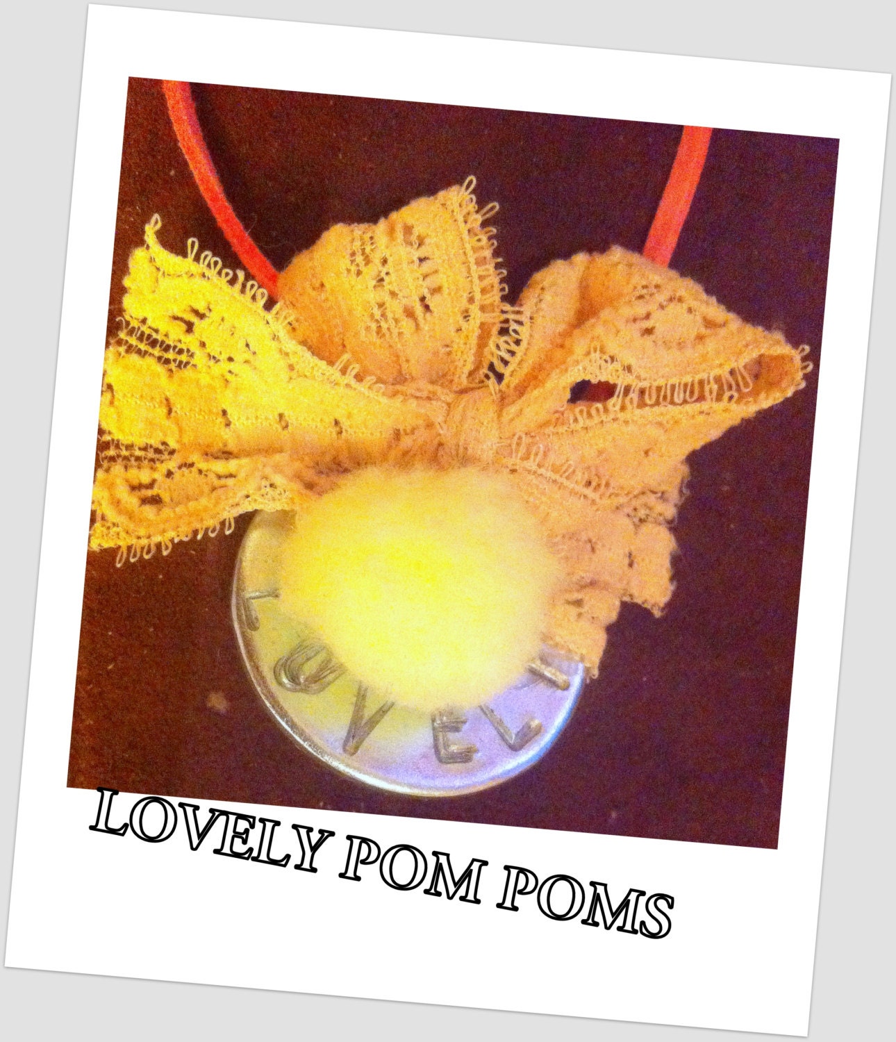 NECKLACE-Hand Stamped Lace Industrial Antique Style Metal Washer with Soft Pink and Purple Pom Pom and Pink Soft Strap