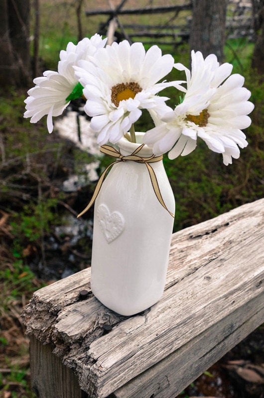 White Milk Bottle Vase with Daisies