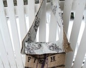 burlap purse with adjustable strap fold over blue and brown lining coffee bag with purple stripe
