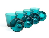 Teal Blue Cocktail Glass Tumblers, SET OF 8 - Short, Small Size Cups, Heavy, Thick Design - Vintage Kitchen or Party Serving