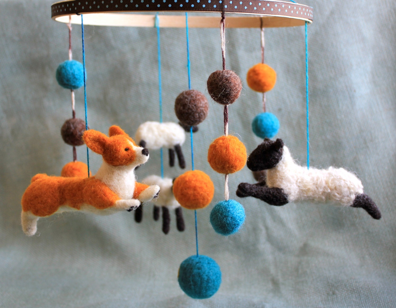 Corgi Herding Sheep - Felt Baby Mobile - Unisex - Teal/Orange/Brown