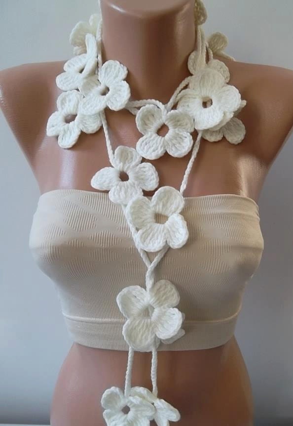 ON SALE - Flower Scarf --white  Flower Lariat Scarf Necklace
