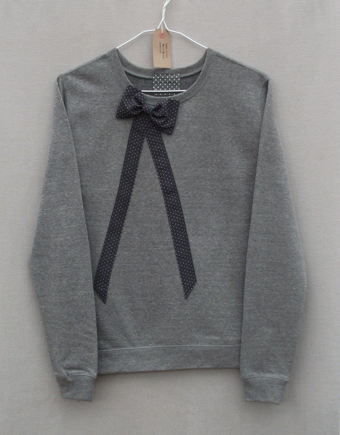 Polka Dot Bow Jumper Women's Grey Heather Lightweight Crew Neck Sweatshirt