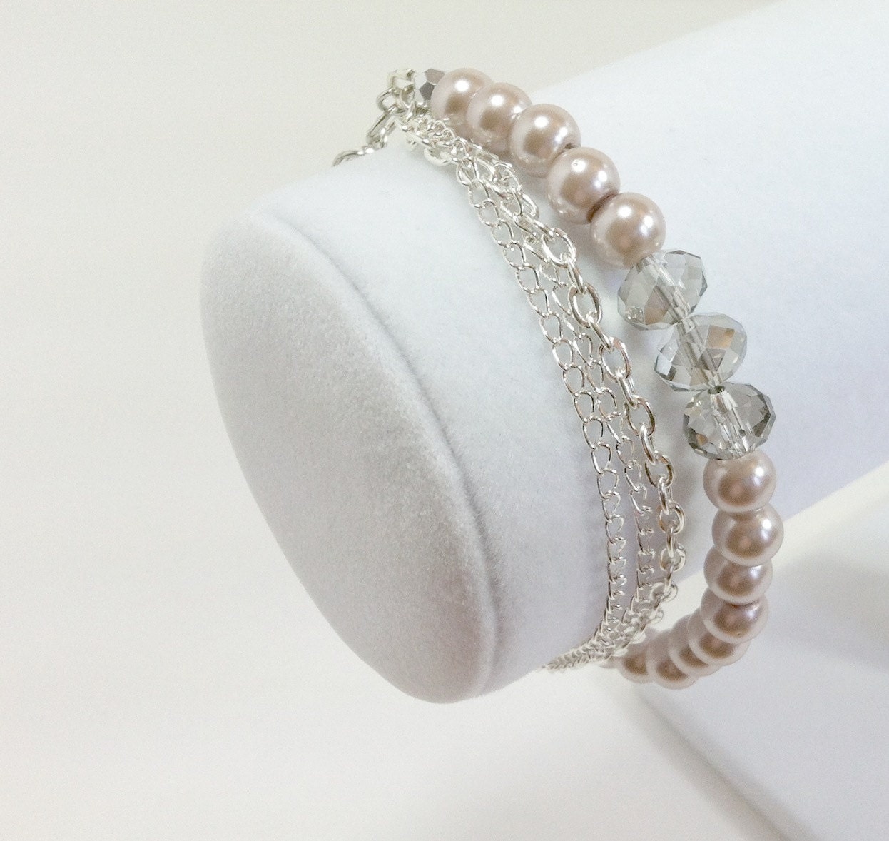 Beige Pearl Bracelet - Wing Charm - With Crystals