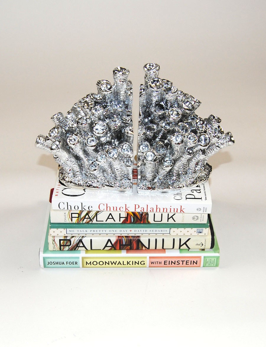 White Faux Taxidermy - The Chrome Coral Bookends - Chrome Home Decor - Office Library Decor - Book Storage