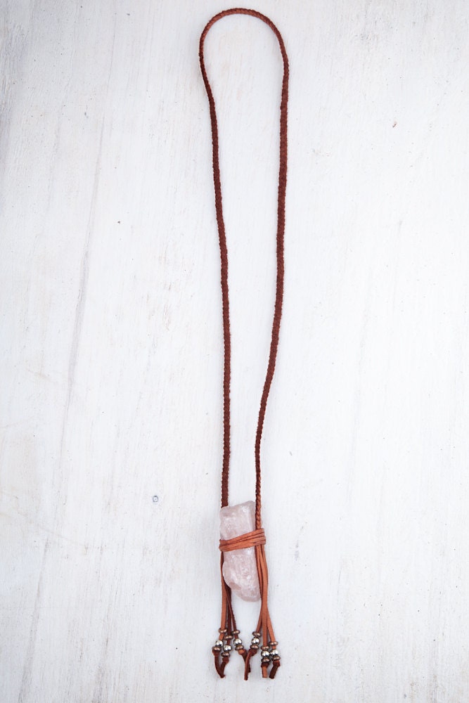 Rose Quartz Necklace - Leather Fringe Necklace -  Valentines Jewelry