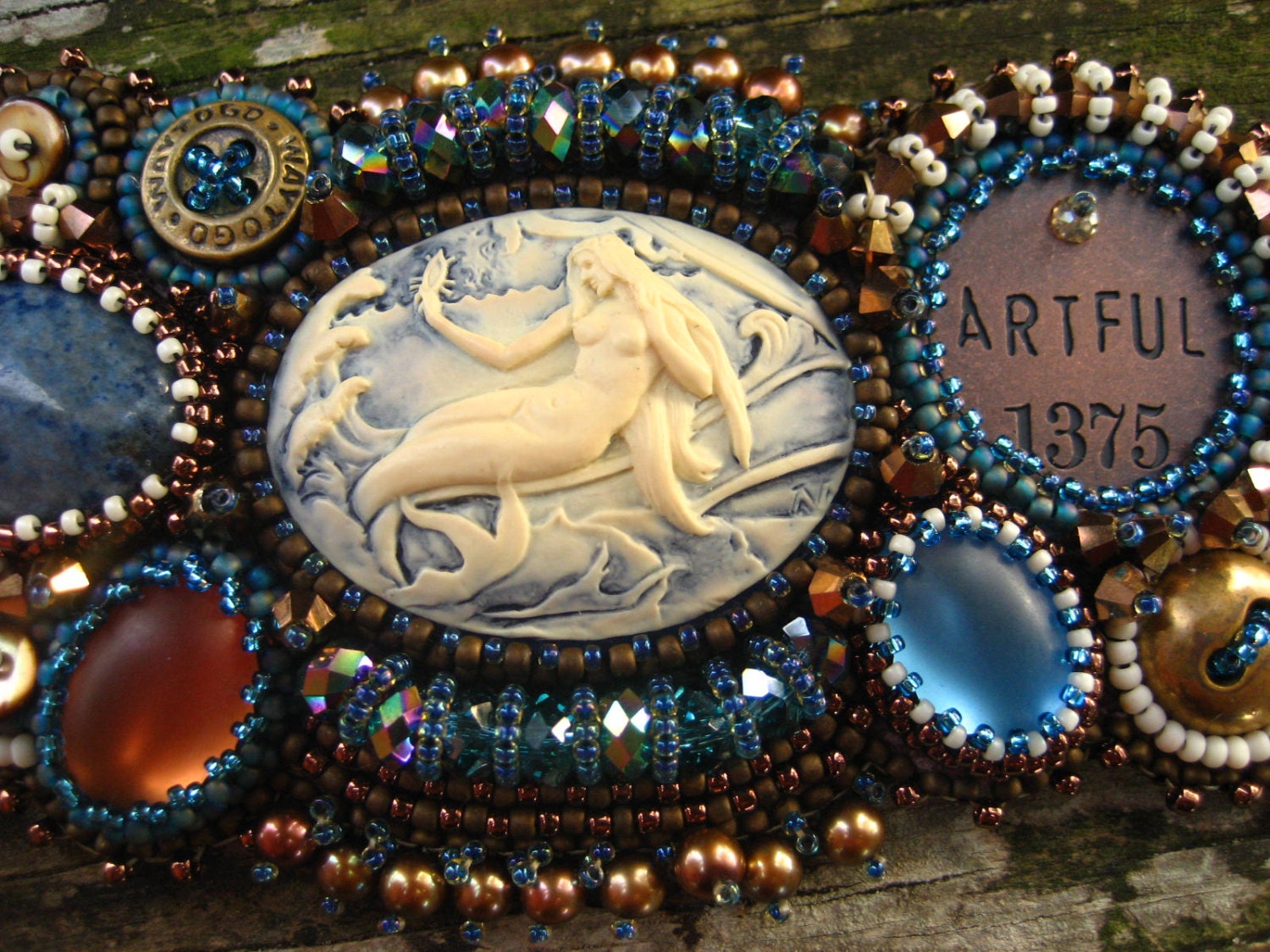 Mermaid Bead Embroidered Cuff Bracelet OOAK - Ocean Sea Beach Shell Inspired One Of A Kind - Bead Embroidery - Bead Embroidered