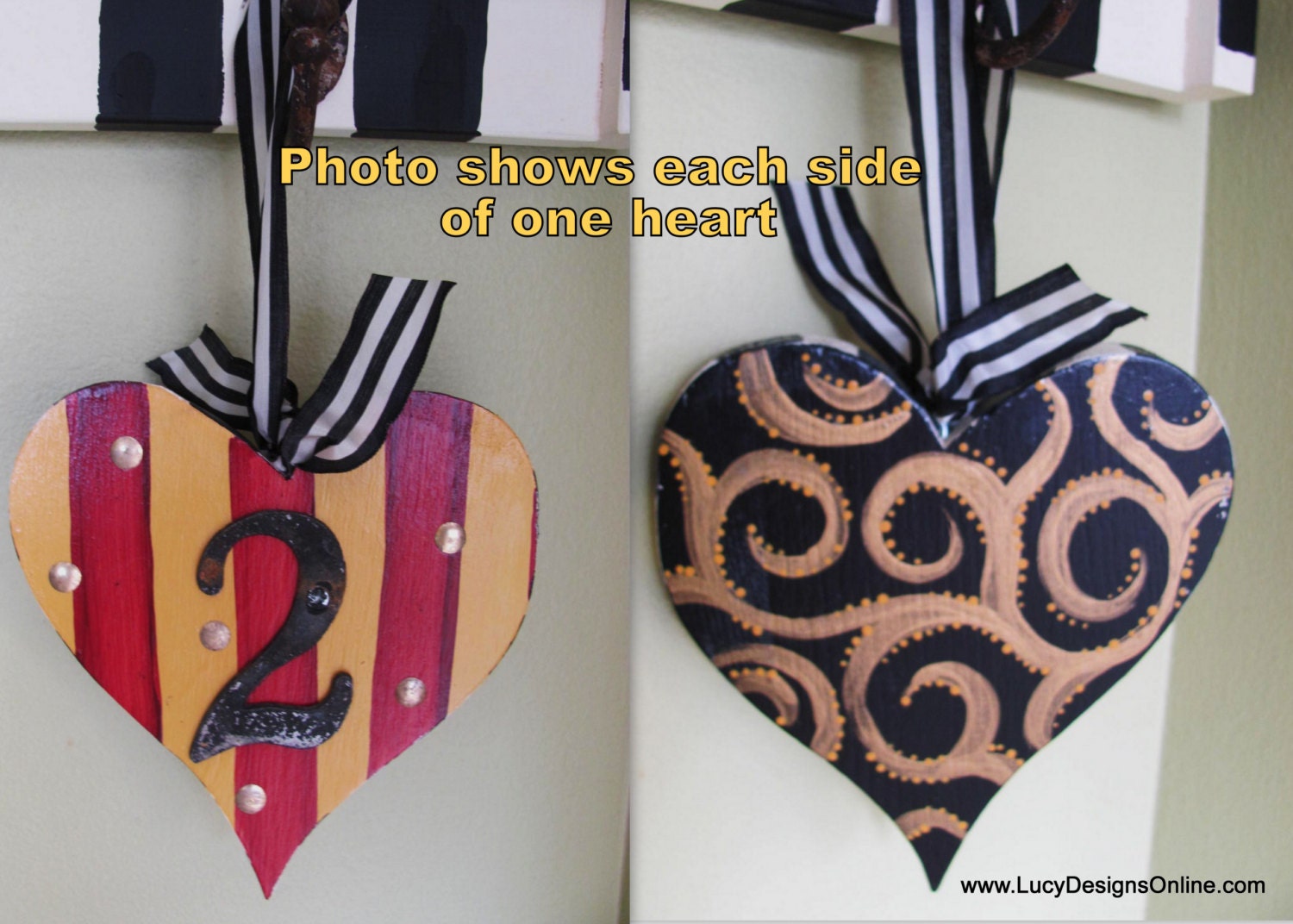 Hand made, hand painted wooden heart Valentines, ornament, key, dots, numeral "2", stripes 1 for 28 or 2 for 50