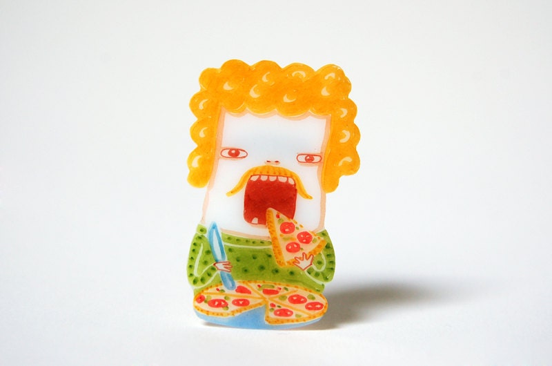 EFISIO - shrink plastic brooch, Man with pizza