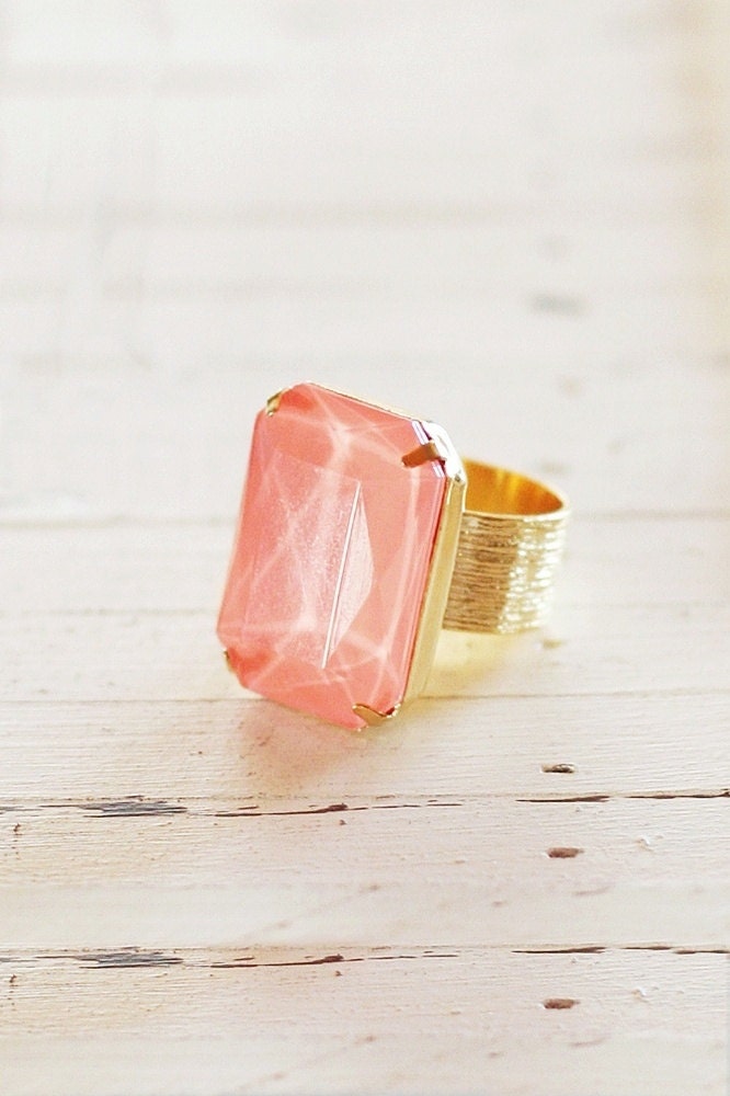 Salmon Coral Rhinestone Cocktail Ring - Adjustable Gold Statement Ring